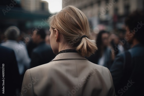 Businesswoman in the Crowd, Blurry Background, Rear View. Generative AI illustrations