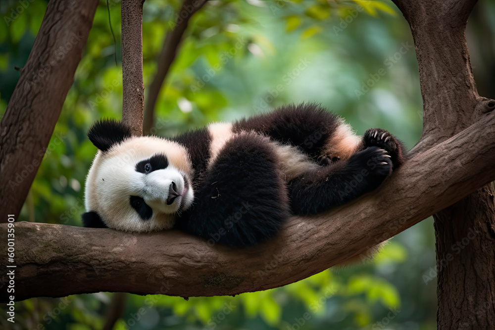 Panda Bear Sleeping on a Tree Branch, China Wildlife Panda Bear Sleeping on a Tree Branch, China Wildlife