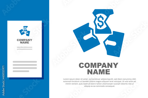 Blue Tearing apart money banknote into three peaces icon isolated on white background. Logo design template element. Vector