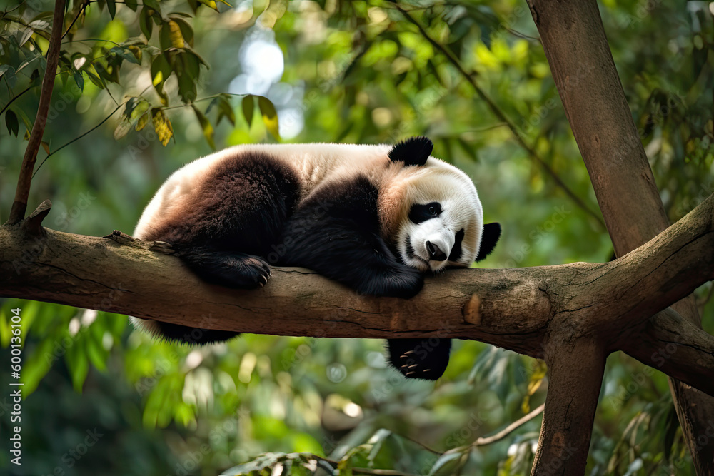 Obraz premium Panda Bear Sleeping on a Tree Branch, China Wildlife