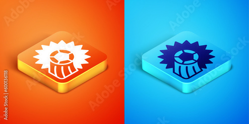 Isometric Soccer football ball icon isolated on orange and blue background. Sport equipment. Vector © vector_v