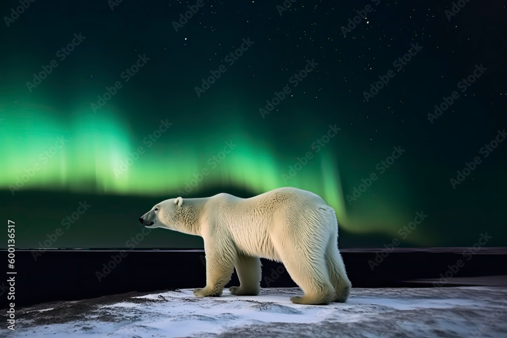 Polar bear with Northern Lights, Aurora Borealis. Night image with stars