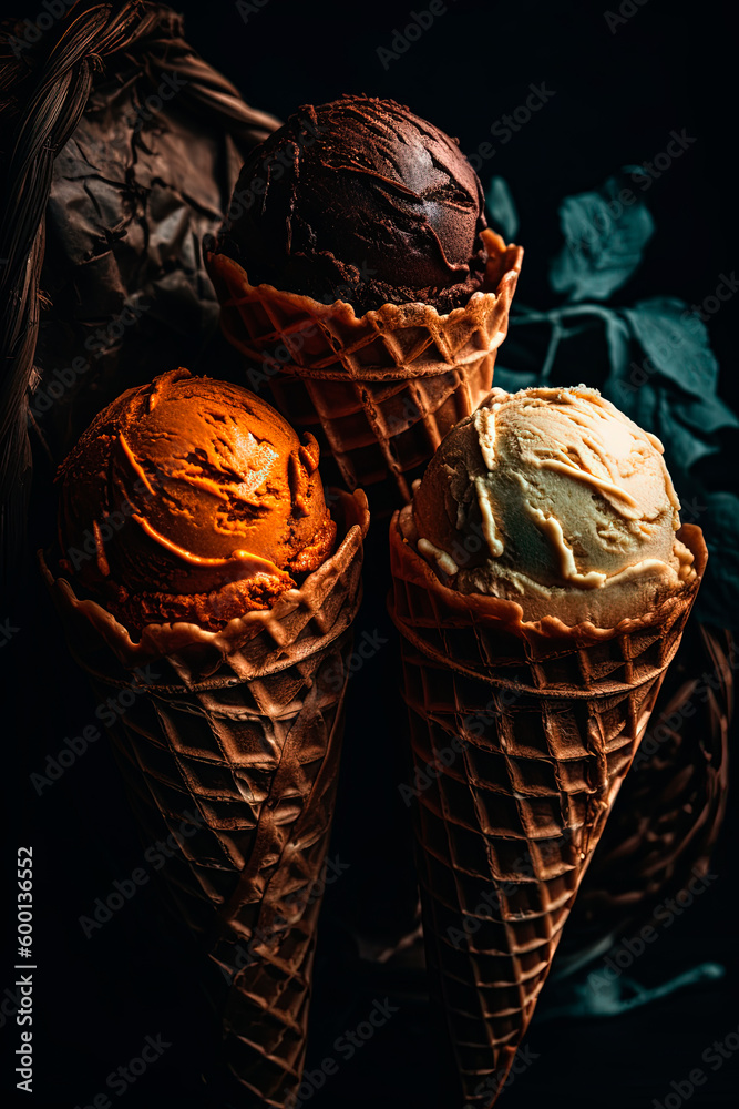 Three scoops of ice cream in a waffle cone. Generative AI