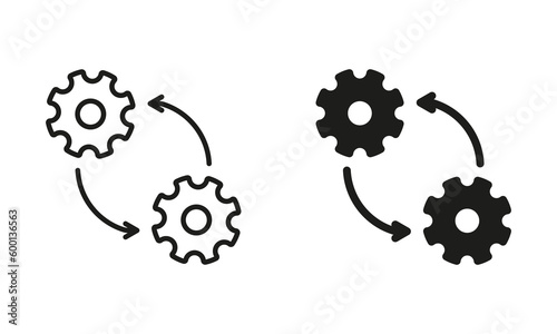 Cog Wheel in Process Line and Silhouette Icon Set. Circular Arrow, Cogwheel, Operation Gear Pictogram. Progress and Workflow Symbol Collection. Isolated Vector Illustration