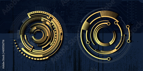 Vector illustration of a futuristic communication concept with a high-tech gold metallic circle on a blue background. The circle represents a head-up display (HUD) interface for communications.