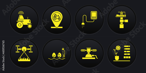 Set Smart farm with drone, Automatic irrigation sprinklers, Standalone sensor and plant, Sensor, Tractor location, Flower status and Wireless tractor smart icon. Vector