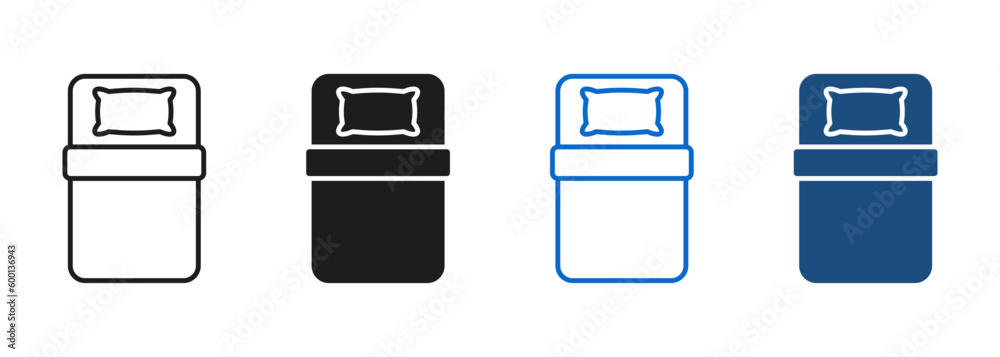 Single Room in Hotel, Motel, Hostel Black and Color Sign. Single Bed Line and Silhouette Icon Set. Type of Bed. Pillow and Blanket Symbol Collection on White Background. Isolated Vector Illustration Single Room in Hotel, Motel, Hostel Black and Color Sign. Single Bed Line and Silhouette Icon Set. Type of Bed. Pillow and Blanket Symbol Collection on White Background. Isolated Vector Illustration