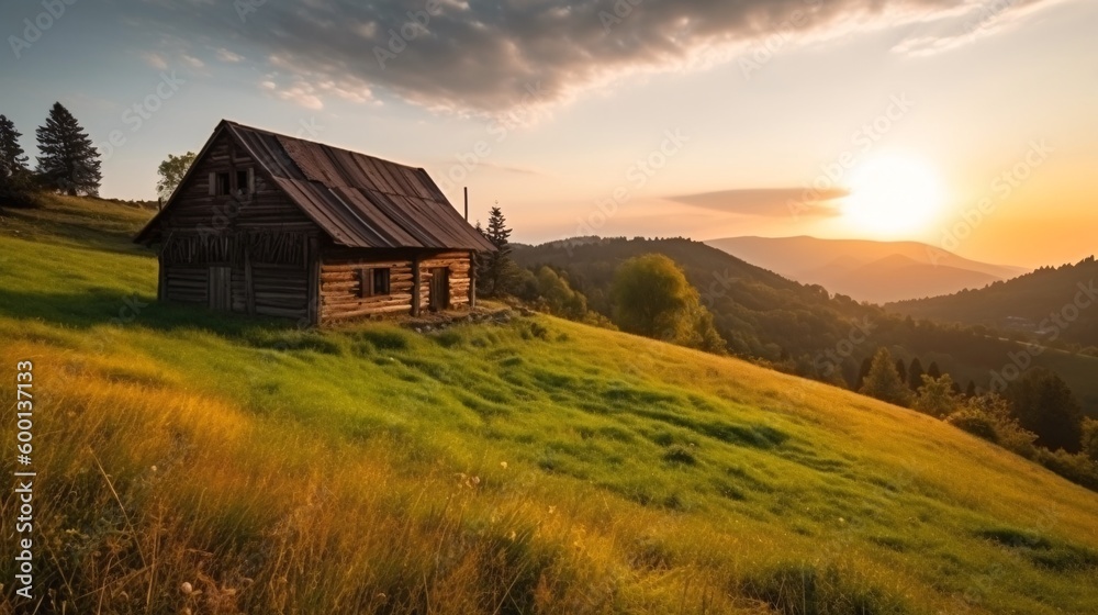 wooden house on hill, grass fields around, mountaint in the background, cozy, idyllic, golden hour, generative ai wooden house on hill, grass fields around, mountaint in the background, cozy, idyllic, golden hour, generative ai