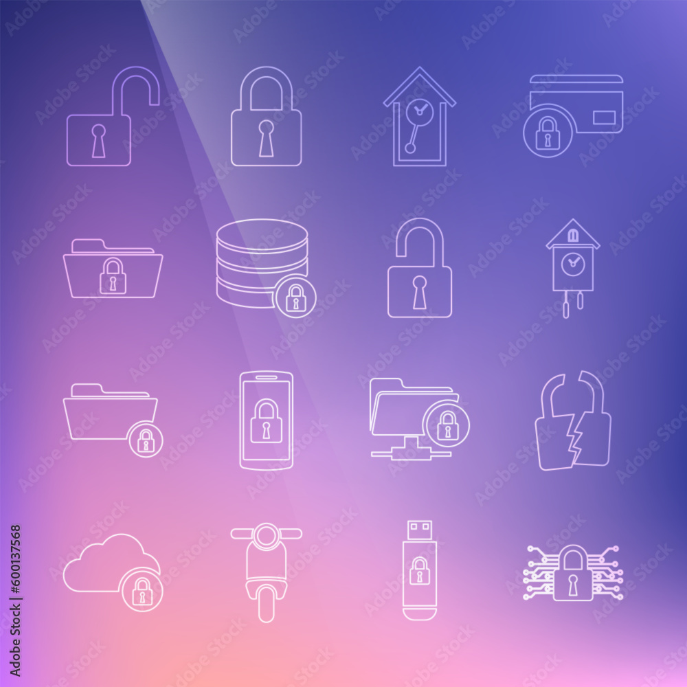 Set line Cyber security, Broken or cracked lock, Retro wall watch, Server with, Folder and, Open padlock and icon. Vector
