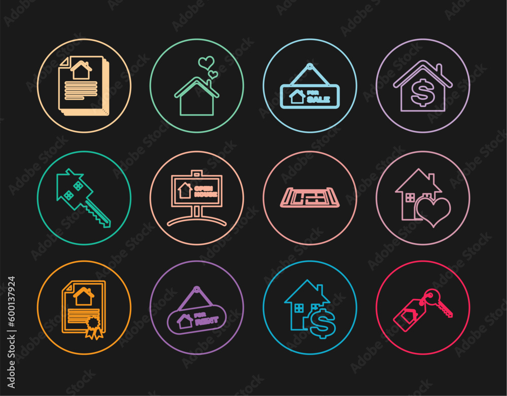 Set line House with key, heart shape, Hanging sign For Sale, Open house, contract, plan and icon. Vector Set line House with key, heart shape, Hanging sign For Sale, Open house, contract, plan and icon. Vector