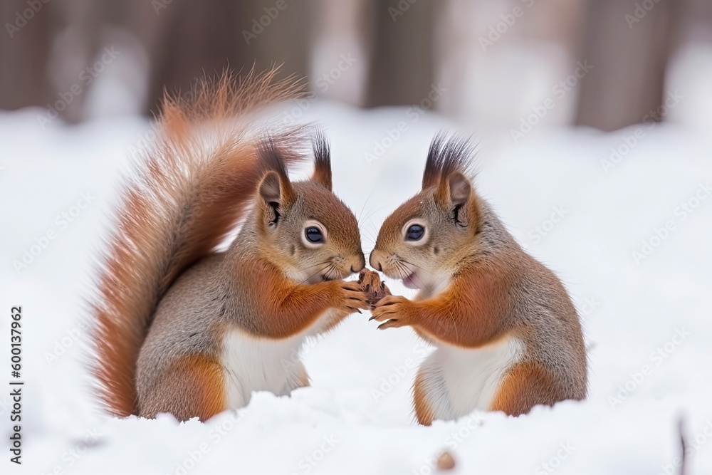 Portrait of squirrels close up on a background of white snow Portrait of squirrels close up on a background of white snow