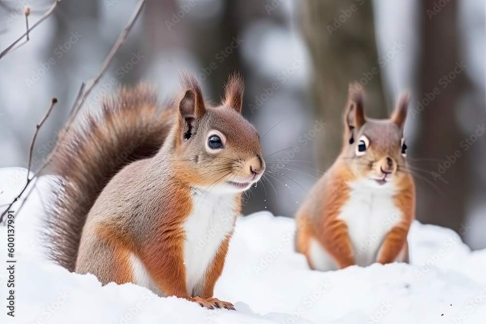 Portrait of squirrels close up on a background of white snow Portrait of squirrels close up on a background of white snow