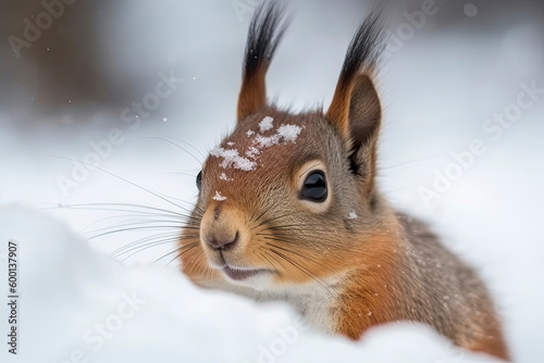 Portrait of squirrels close up on a background of white snow