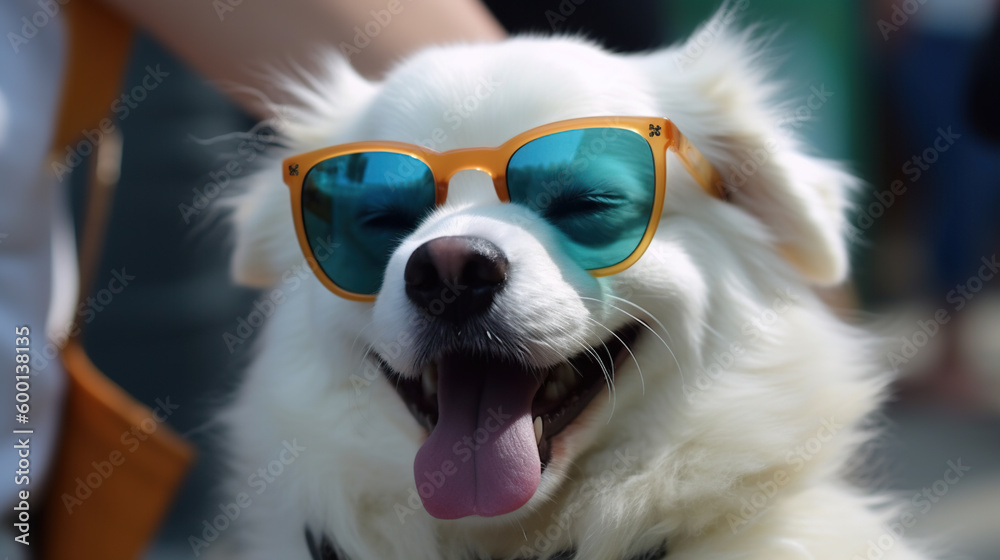 Close up of a cute cool dog with orange and blue sunglasses, Generative AI Close up of a cute cool dog with orange and blue sunglasses, Generative AI
