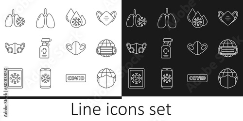 Set line Earth with medical mask, Blood test and virus, Liquid antibacterial soap, Medical protective, Virus cells in lung, and Lungs icon. Vector