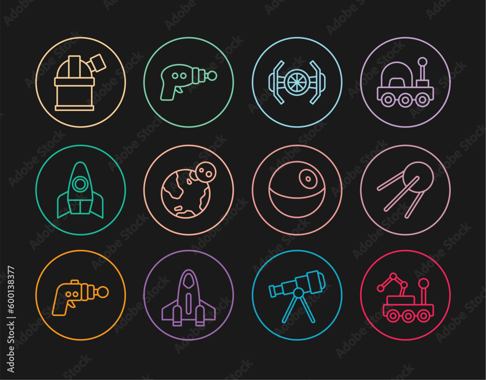Set line Mars rover, Satellite, Cosmic ship, Earth globe, Rocket, Astronomical observatory, Planet and Ray gun icon. Vector