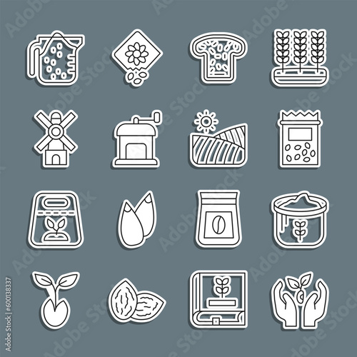 Set line Plant in hand, Bag of flour, Pack full seeds plant, Bread toast, Manual coffee grinder, Windmill, Measuring cup and Agriculture wheat field icon. Vector
