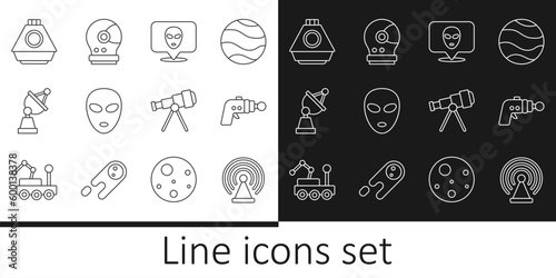 Set line Radar, Ray gun, Alien, Satellite dish, Space capsule, Telescope and Astronaut helmet icon. Vector