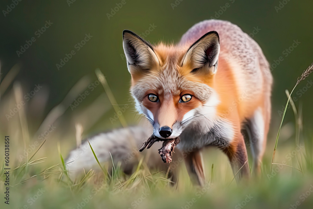 Red Fox after hunting, Vulpes vulpes, wildlife scene from Europe.Portrait of fox with prey on meadow Red Fox after hunting, Vulpes vulpes, wildlife scene from Europe.Portrait of fox with prey on meadow