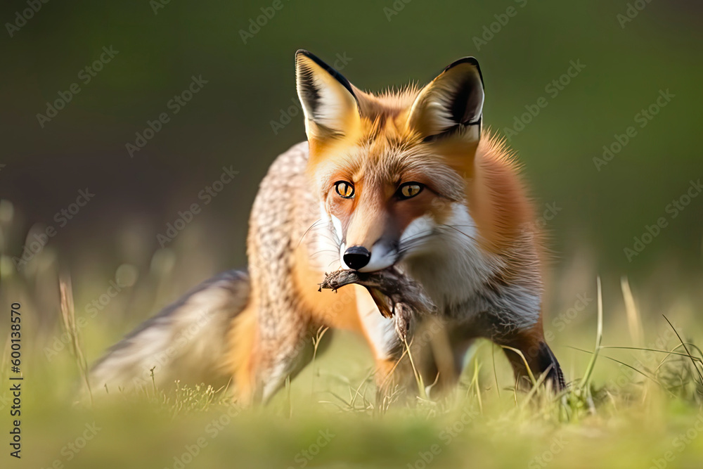 Red Fox after hunting, Vulpes vulpes, wildlife scene from Europe.Portrait of fox with prey on meadow Red Fox after hunting, Vulpes vulpes, wildlife scene from Europe.Portrait of fox with prey on meadow