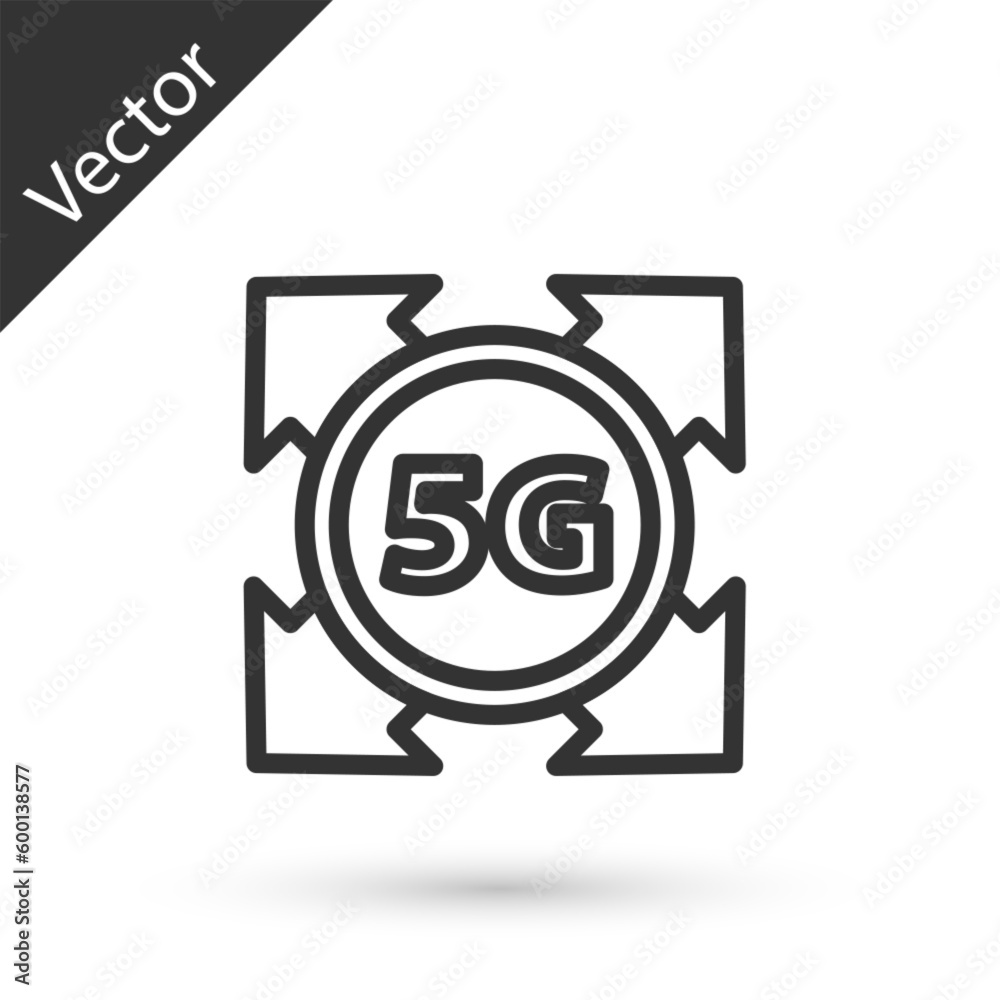 Grey line 5G new wireless internet wifi connection icon isolated on white background. Global network high speed connection data rate technology. Vector Grey line 5G new wireless internet wifi connection icon isolated on white background. Global network high speed connection data rate technology. Vector