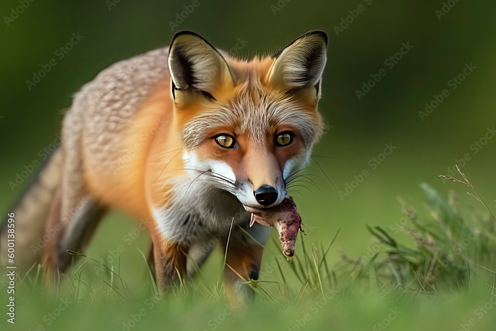 Red Fox after hunting, Vulpes vulpes, wildlife scene from Europe.Portrait of fox with prey on meadow Red Fox after hunting, Vulpes vulpes, wildlife scene from Europe.Portrait of fox with prey on meadow