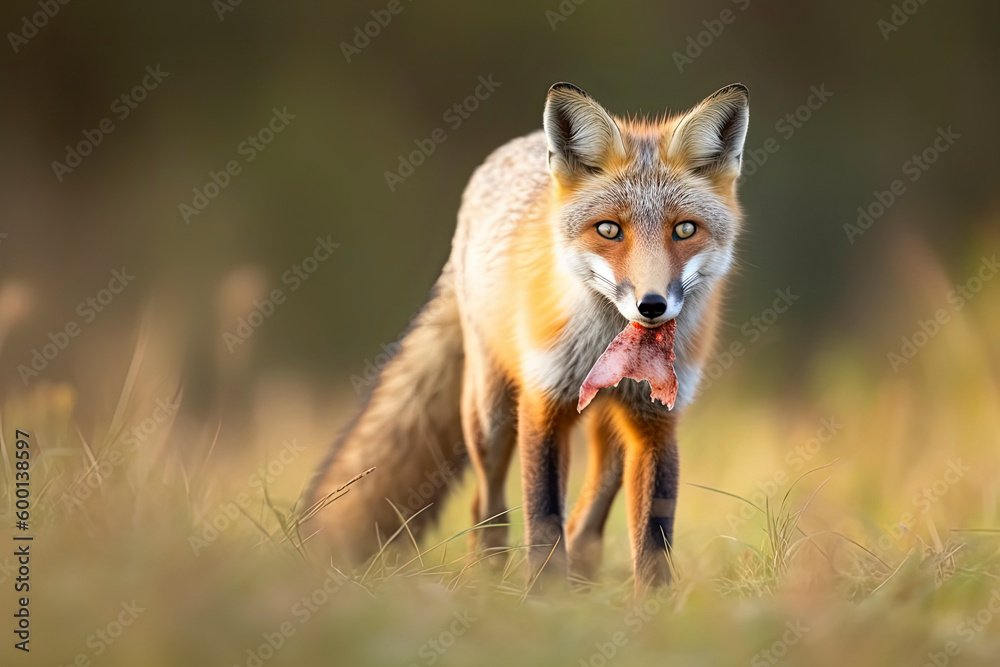 Fototapeta premium Red Fox after hunting, Vulpes vulpes, wildlife scene from Europe.Portrait of fox with prey on meadow