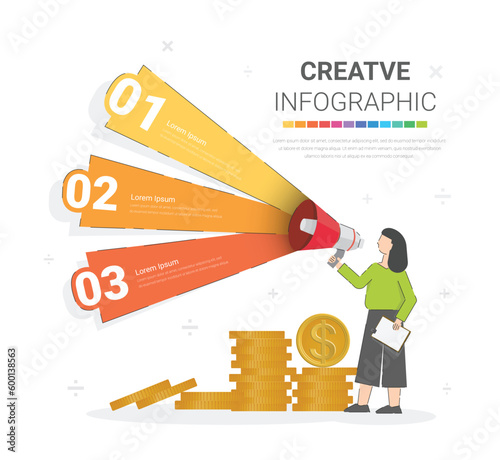 Business woman presenting with infographic 3 step, Woman characters pose. Girl has an idea. Girl shows presentation with 3 options