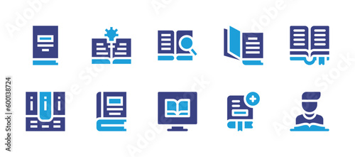Literature icon set. Duotone color. Vector illustration. Containing book, open book, search, reading book, computer, reading.