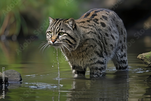 Fishing Cat, prionailurus viverrinus, Adult standing in Water, Fishing, with Fish in Mouth photo
