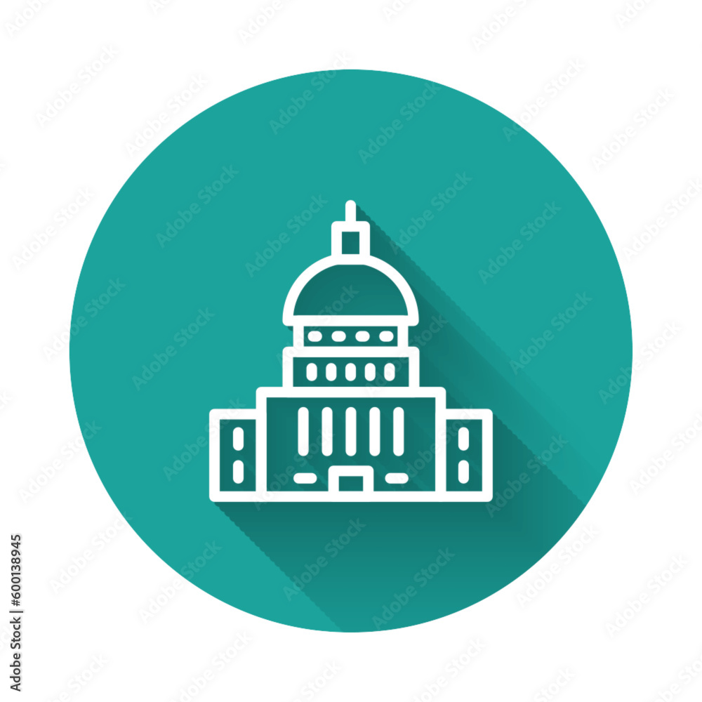 White line White House icon isolated with long shadow background. Washington DC. Green circle button. Vector