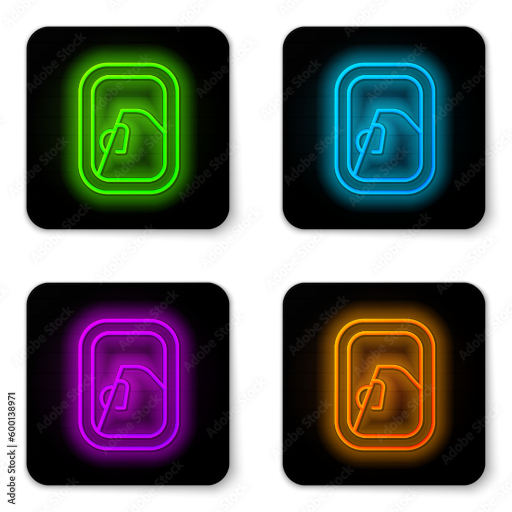 Glowing neon line Airplane window icon isolated on white background. Aircraft porthole. Black square button. Vector Glowing neon line Airplane window icon isolated on white background. Aircraft porthole. Black square button. Vector