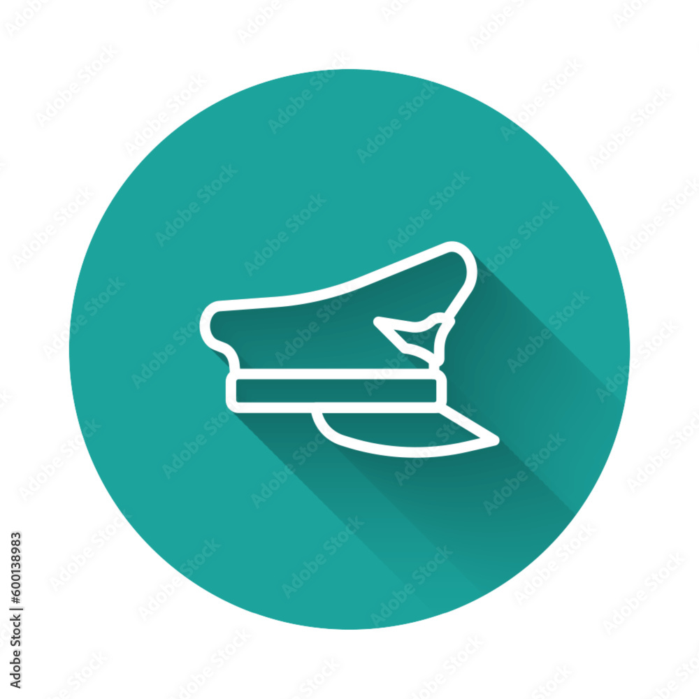 White line Pilot hat icon isolated with long shadow background. Green circle button. Vector