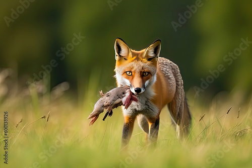 Red Fox after hunting  Vulpes vulpes  wildlife scene from Europe.Portrait of fox with prey on meadow