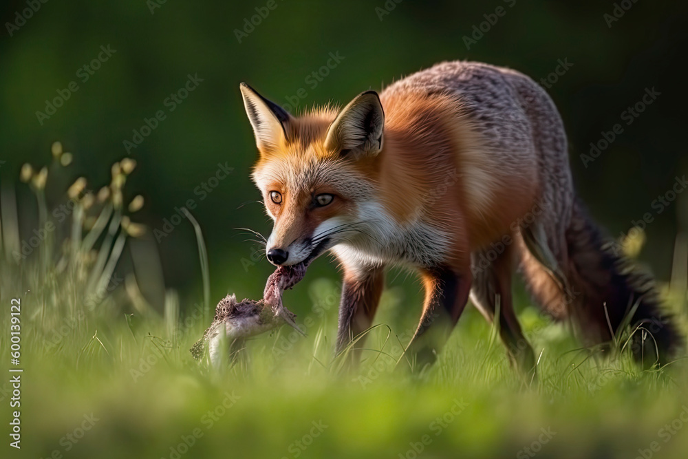 Red Fox after hunting, Vulpes vulpes, wildlife scene from Europe.Portrait of fox with prey on meadow Red Fox after hunting, Vulpes vulpes, wildlife scene from Europe.Portrait of fox with prey on meadow