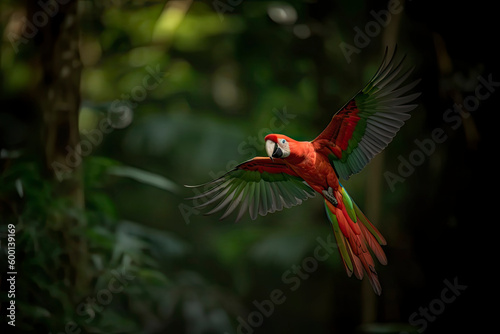 Red hybrid parrot in forest. Macaw parrot flying in dark green vegetation