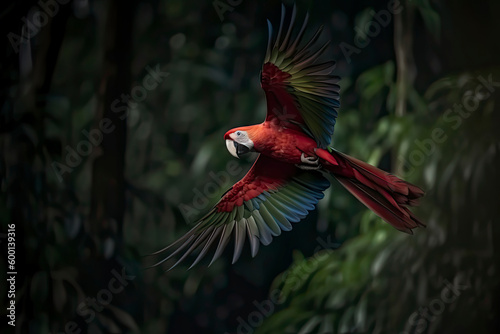 Red hybrid parrot in forest. Macaw parrot flying in dark green vegetation