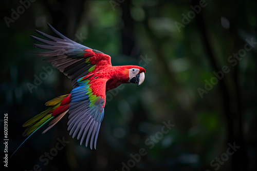 Red hybrid parrot in forest. Macaw parrot flying in dark green vegetation