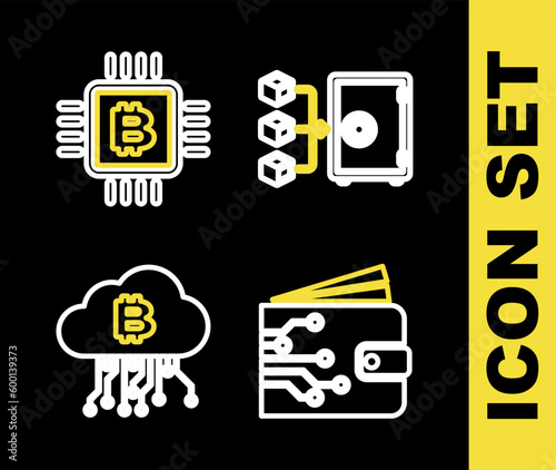 Set line Proof of stake, Cryptocurrency wallet, cloud mining and CPU farm icon. Vector