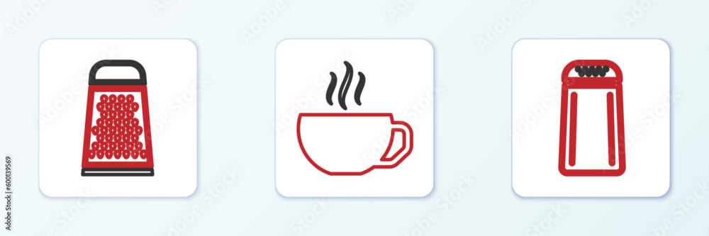 Set line Salt and pepper, Grater and Coffee cup icon. Vector Set line Salt and pepper, Grater and Coffee cup icon. Vector
