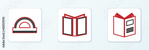 Set line Open book, Protractor grid and icon. Vector