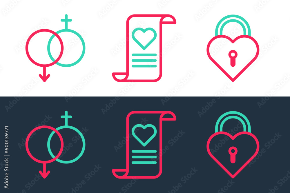 Set line Castle in the shape of heart, Gender and Envelope with Valentine icon. Vector
