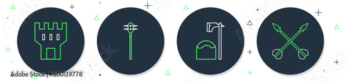 Set line Medieval chained mace ball, Executioner axe tree block, Castle tower and crossed arrows icon. Vector