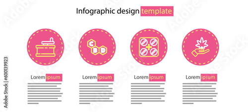 Set line Medical pills with marijuana, Marijuana or cannabis leaf, Cannabis molecule and Manual grinder icon. Vector