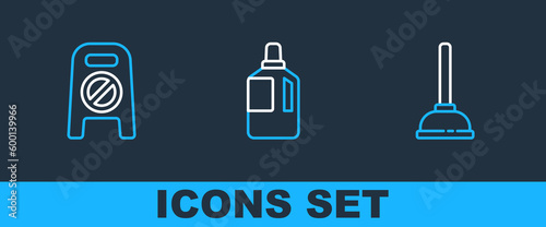 Set line Rubber plunger, Wet floor and cleaning in progress and Fabric softener icon. Vector