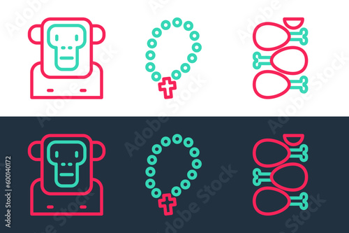Set line Tandoori chicken, Monkey and Rosary beads religion icon. Vector