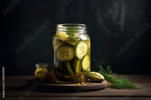 Canned cucumbers in a jar on black background, pickles. AI generated