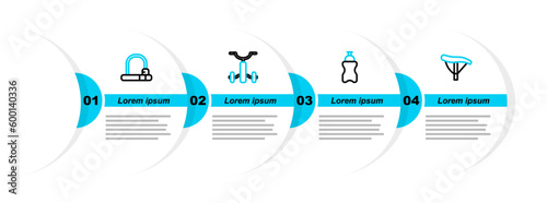 Set line Bicycle seat, Sport bottle with water, for kids and lock icon. Vector