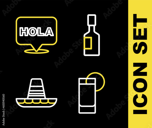 Set line Tabasco sauce, Tequila glass with lemon, Mexican sombrero and Hola icon. Vector
