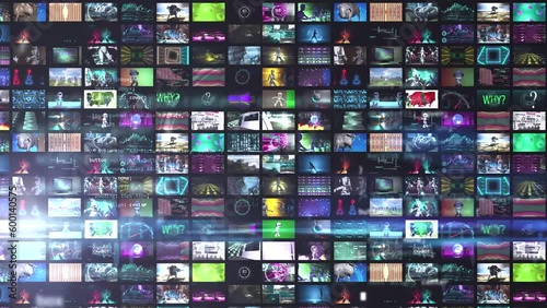 Collage with many different 3d render animations using high technology. Set collection of many video clips with female robots and motion graphics. scifi modern background concept.